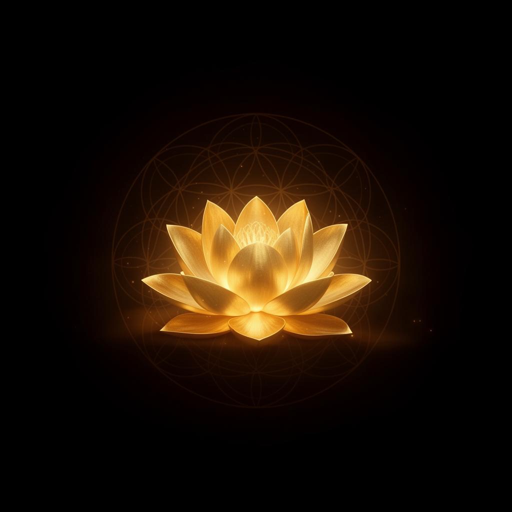Golden lotus glowing softly within sacred geometry